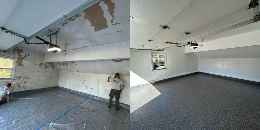 Garage interior before and after with epoxy floor
